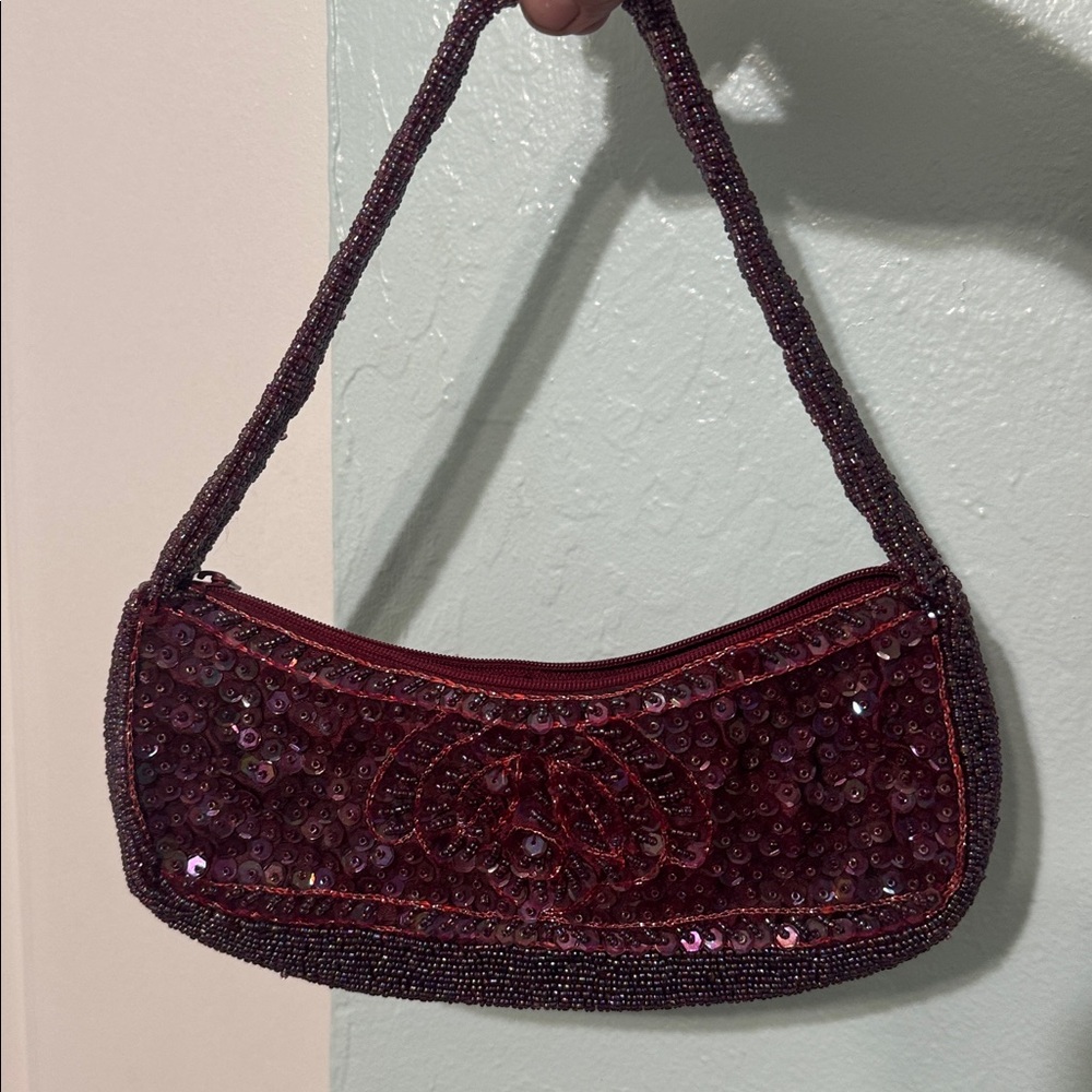Vintage Y2K Burgandy Beaded & Sequined Hand Bag Made in India By Purva Zip Top - Picture 12 of 13